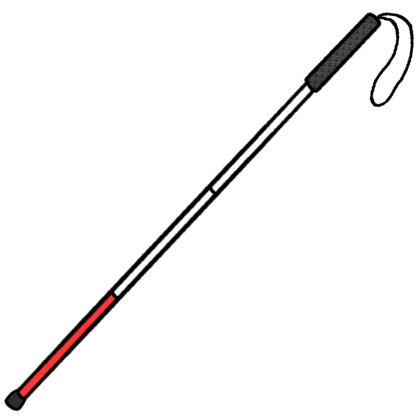  a white cane with a black handle made up of three sections, the last one being red